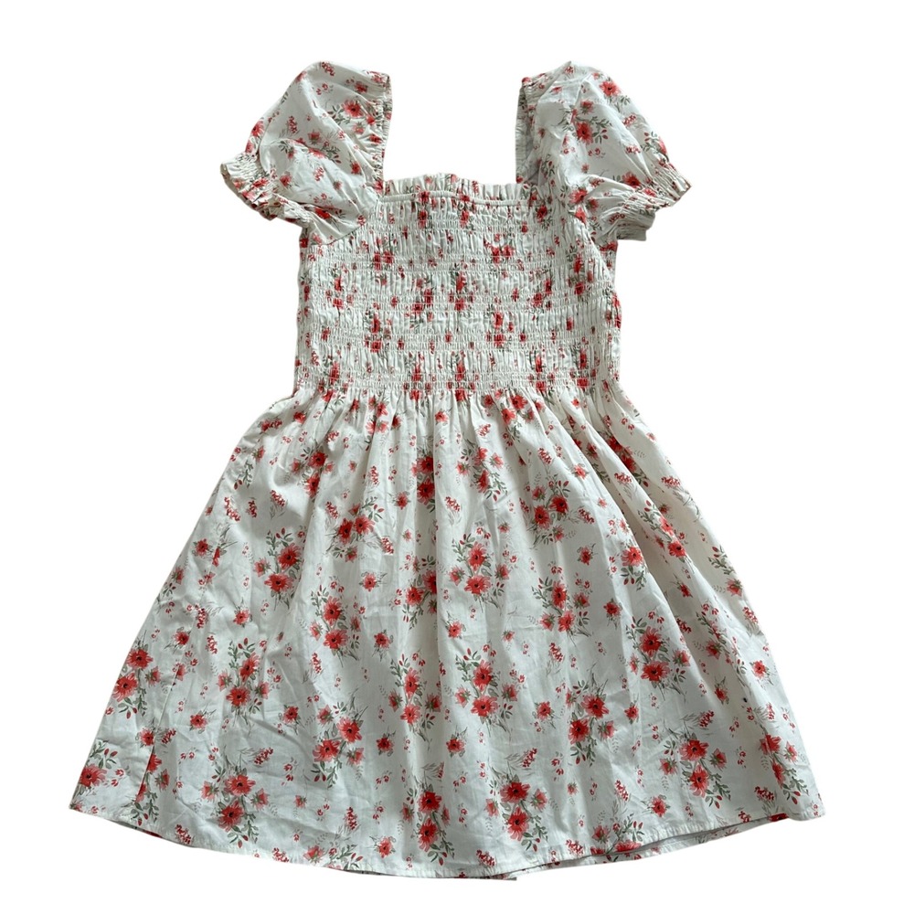 H&M Floral Smocked Puff Sleeve Mini Dress White Red Size S NWT
